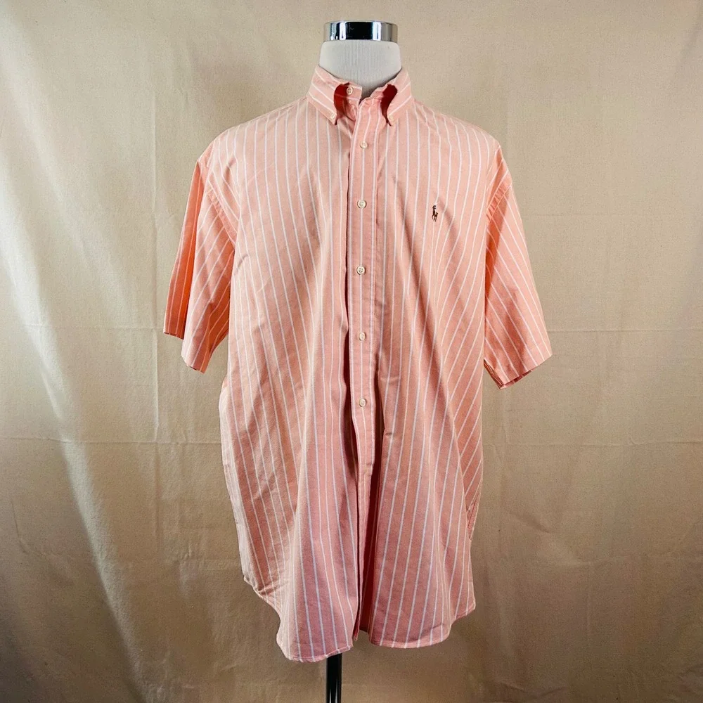 Polo Ralph Lauren XL Blake Oxford Shirt Orange Striped Short Sleeve Cotton Mens